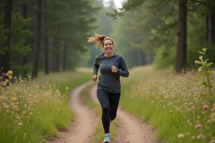 Femme souriante courant en forêt avec tenue sportive