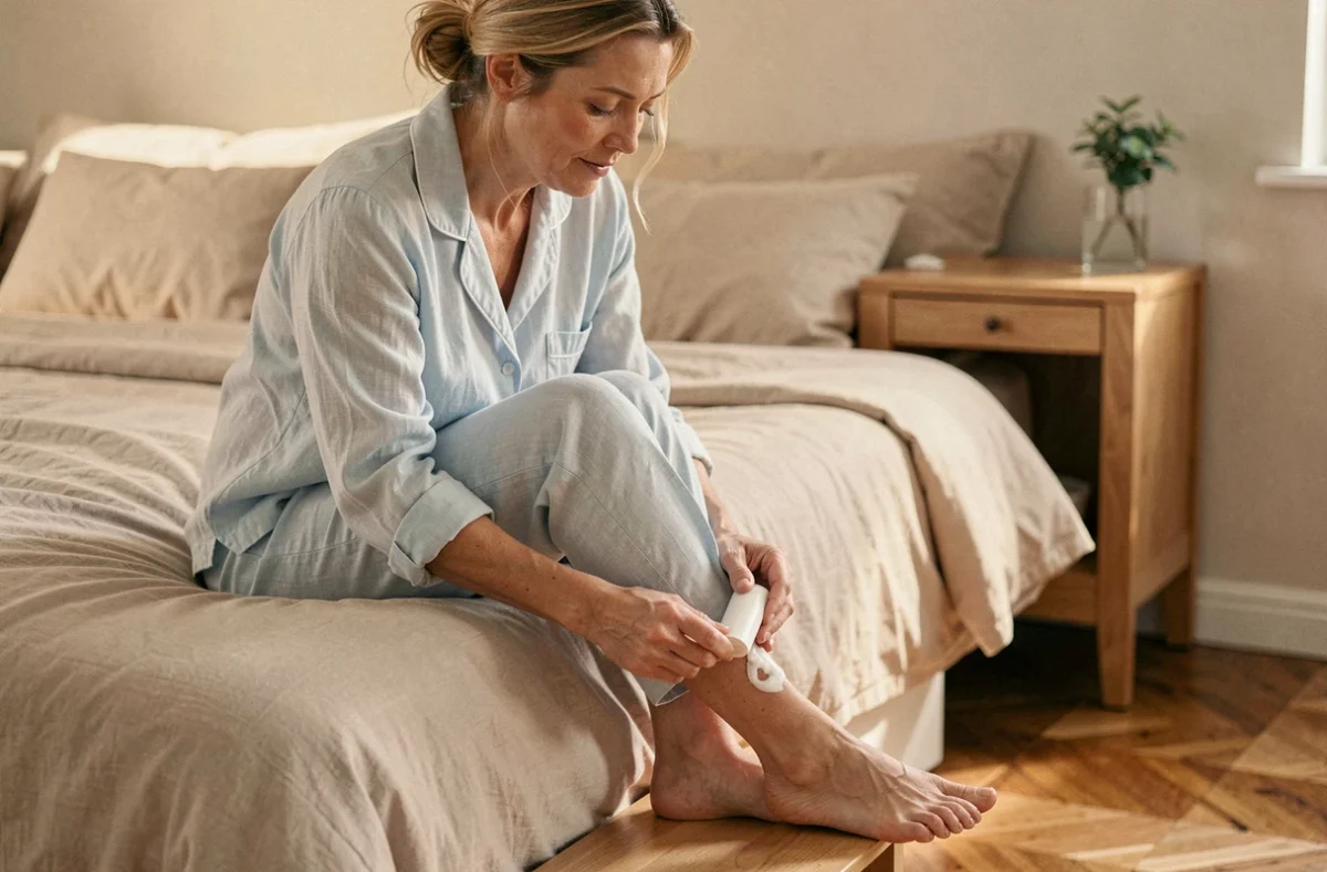 Femme appliquant une crème apaisante sur ses pieds brûlants avant de dormir, soin des pieds en soirée