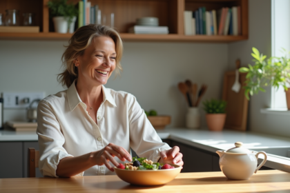 Femme d'âge moyen souriante à la cuisine moderne