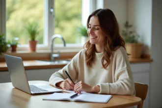 Femme souriante travaillant à la maison dans une cuisine lumineuse