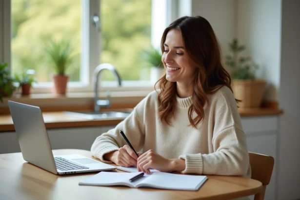 Femme souriante travaillant à la maison dans une cuisine lumineuse