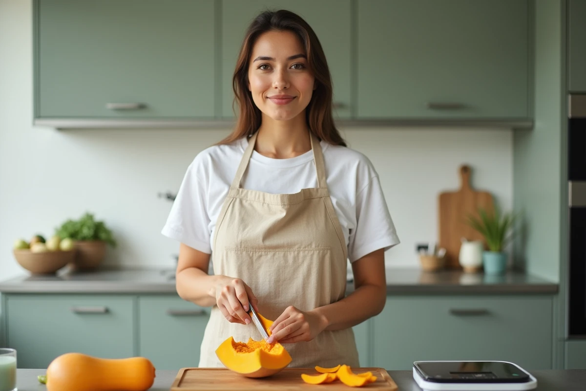 Femme préparant une butternut à la cuisine avec une balance pour contrôler les calories dans le cadre d'un régime minceur