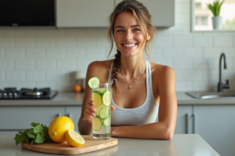 Femme souriante avec boisson detox citron concombre menthe