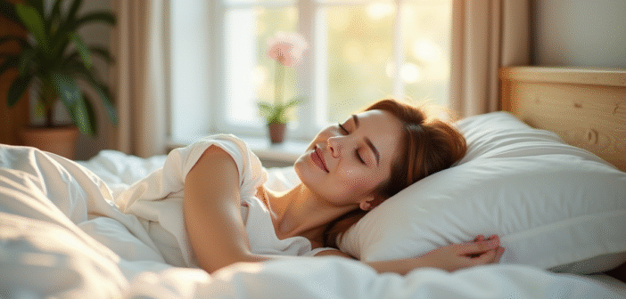 Femme dormant paisiblement dans une chambre lumineuse