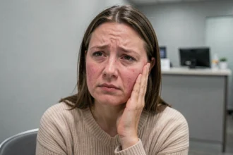 Femme tenant sa joue gonflée en salle d'attente dentaire, exprimant une douleur liée aux dents de sagesse