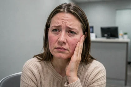 Femme tenant sa joue gonflée en salle d'attente dentaire, exprimant une douleur liée aux dents de sagesse