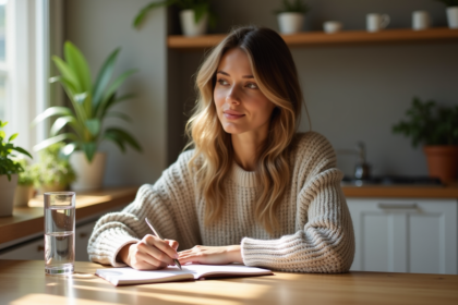 Femme assise à la cuisine écrivant dans un journal cosy