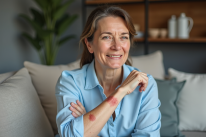 Femme montrant une éruption cutanée rouge sur le bras