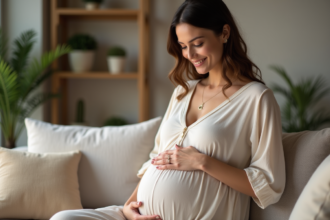 Femme enceinte avec bola de grossesse dans un salon chaleureux