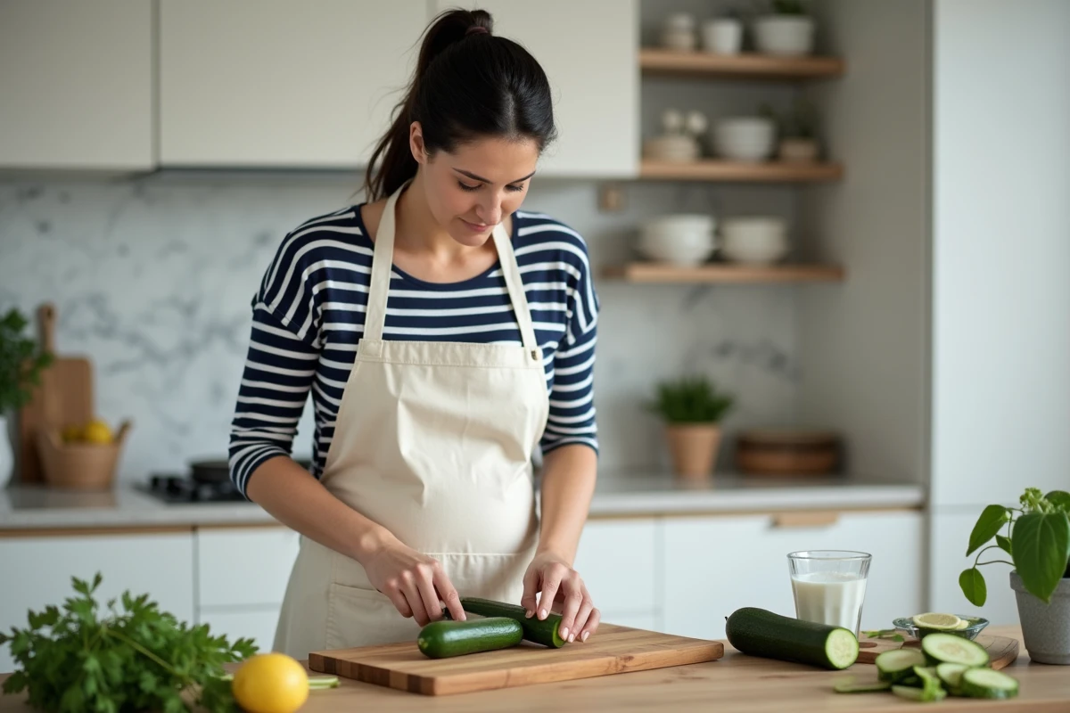 Femme enceinte préparant des rondelles de courgette dans une cuisine moderne, symbole d'une alimentation saine durant la grossesse