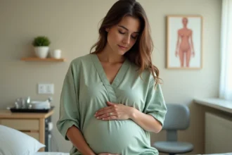 Femme enceinte assise sur une table d'examen gynécologique, mains posées sur le ventre, dans une salle de consultation obstétrique moderne, illustrant le suivi de la dilatation du col de l'utérus