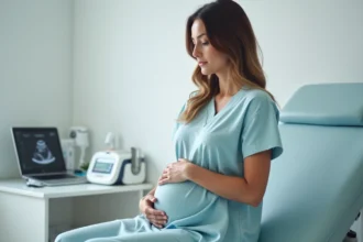 Femme enceinte assise sur une table d'examen gynécologique, les mains posées sur son ventre, dans un cabinet médical moderne