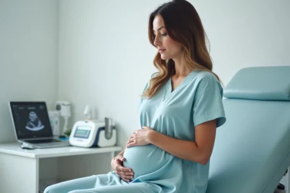 Femme enceinte assise sur une table d'examen gynécologique, les mains posées sur son ventre, dans un cabinet médical moderne