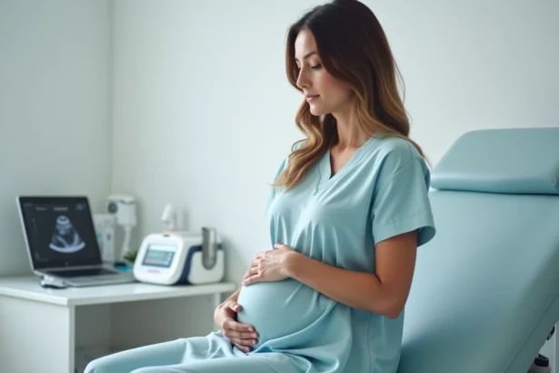 Femme enceinte assise sur une table d'examen gynécologique, les mains posées sur son ventre, dans un cabinet médical moderne