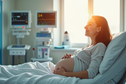 Femme enceinte souriante dans une salle de maternité lumineuse