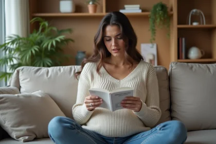 Femme enceinte assise sur un canapé dans un salon moderne