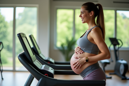 Femme enceinte marchant sur tapis de gym lumineux