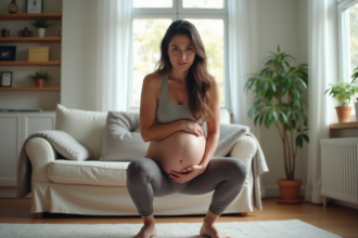Femme enceinte en salle moderne en train de faire un squat
