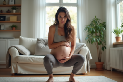 Femme enceinte en salle moderne en train de faire un squat