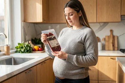 Femme enceinte lisant l'étiquette d'un paquet de viande des grisons dans une cuisine moderne