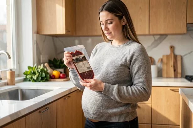 Femme enceinte lisant l'étiquette d'un paquet de viande des grisons dans une cuisine moderne