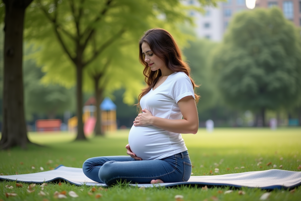 Femme enceinte en yoga dans un parc urbain calme