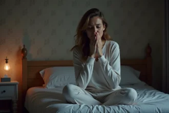 Femme fatiguée en pyjama se tenant au lit la nuit