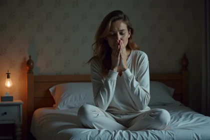 Femme fatiguée en pyjama se tenant au lit la nuit