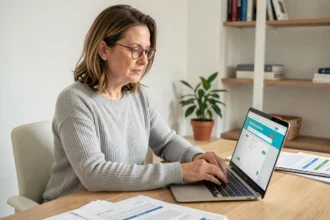 Femme utilisant son espace santé en ligne Ociane Matmut sur un ordinateur portable depuis son bureau à domicile