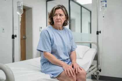 Femme fatiguée assise sur un lit d'hôpital souffrant de symptômes liés à un faible taux de potassium dans le sang