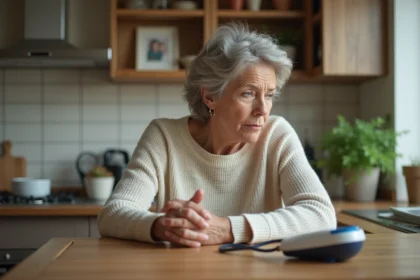 Femme française lisant sa pression artérielle à la maison