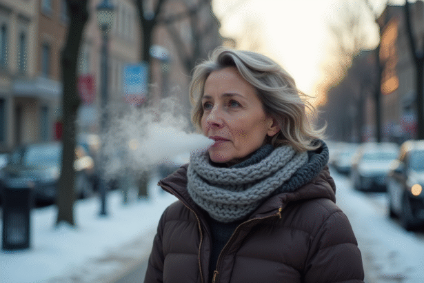 Femme d'âge moyen en hiver dans la ville avec souffle visible