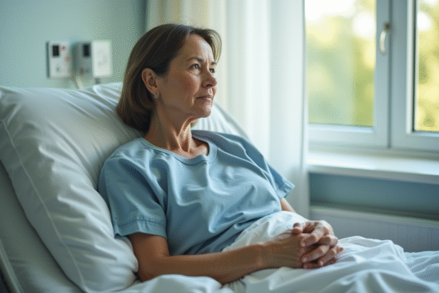 Femme d'âge moyen assise sur un lit d'hôpital en réflexion