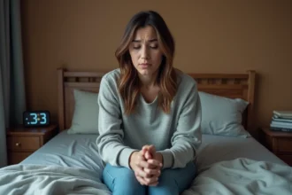 Femme anxieuse assise sur le lit dans une chambre calme