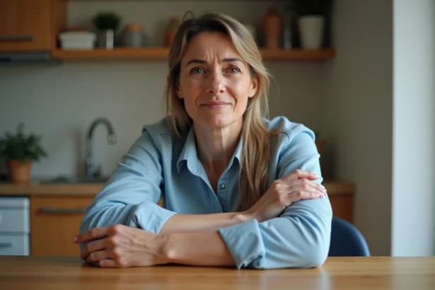 Femme préoccupée assise à la cuisine dans un cadre quotidien