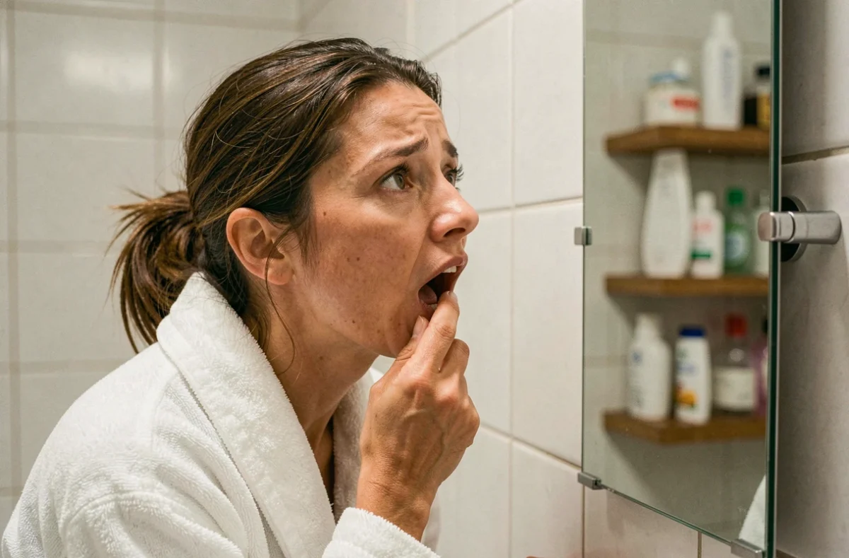 Femme inspectant sa gencive enflée dans un miroir de salle de bain en lien avec une dent de sagesse douloureuse