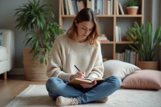 Femme assise en intérieur écrivant dans un journal