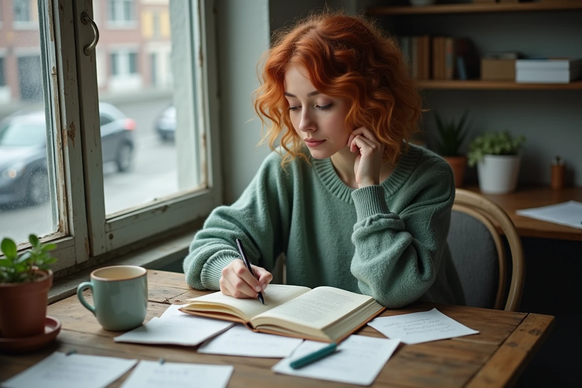 Jeune femme écrivant dans un journal intime avec la main droite posée et qui gratte, illustrant la réflexion spirituelle sur les rêves et leurs significations