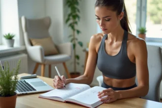 Femme analysant ses résultats de la méthode Power 1000 dans un journal de suivi personnel après 30 jours