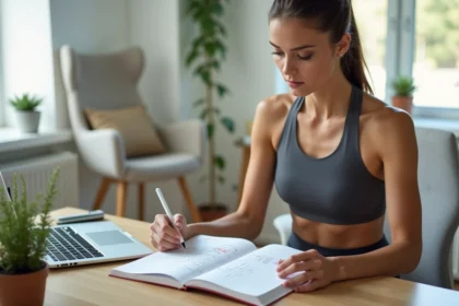 Femme analysant ses résultats de la méthode Power 1000 dans un journal de suivi personnel après 30 jours