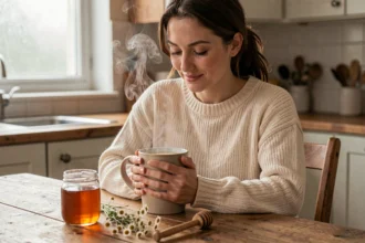 Femme tenant une tasse de lait chaud au miel pour soulager une gorge enrouée, assise dans une cuisine rustique cosy