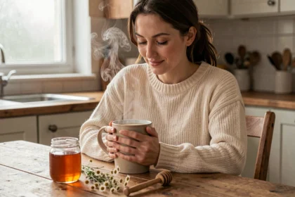 Femme tenant une tasse de lait chaud au miel pour soulager une gorge enrouée, assise dans une cuisine rustique cosy