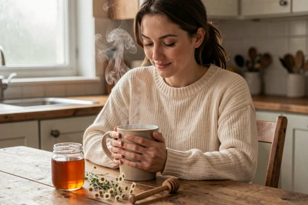 Femme tenant une tasse de lait chaud au miel pour soulager une gorge enrouée, assise dans une cuisine rustique cosy