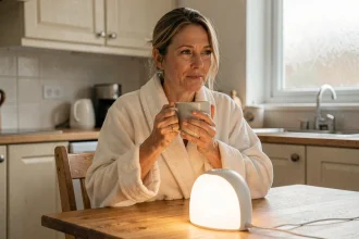 Femme en robe utilisant une lampe de luminothérapie le matin à la table de cuisine avec une tasse de café