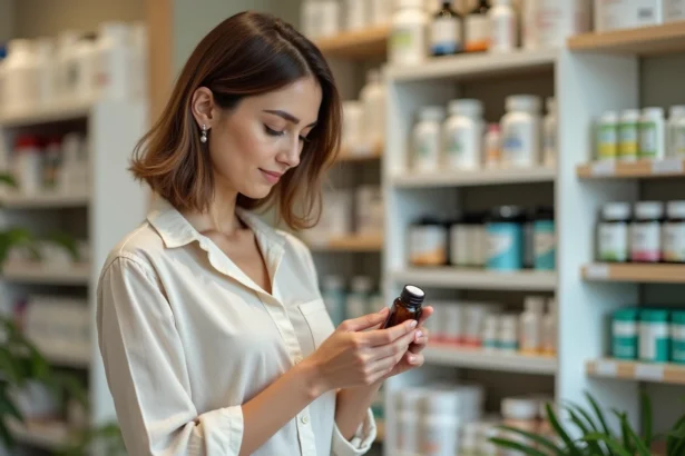Femme lisant l'étiquette d'un complément alimentaire Lulutox en pharmacie