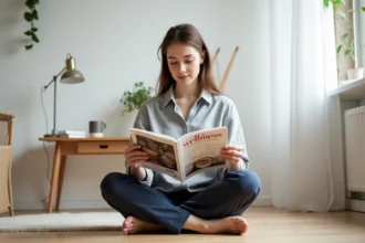 Femme lisant un magazine de santé mentale dans un bureau minimaliste et apaisant