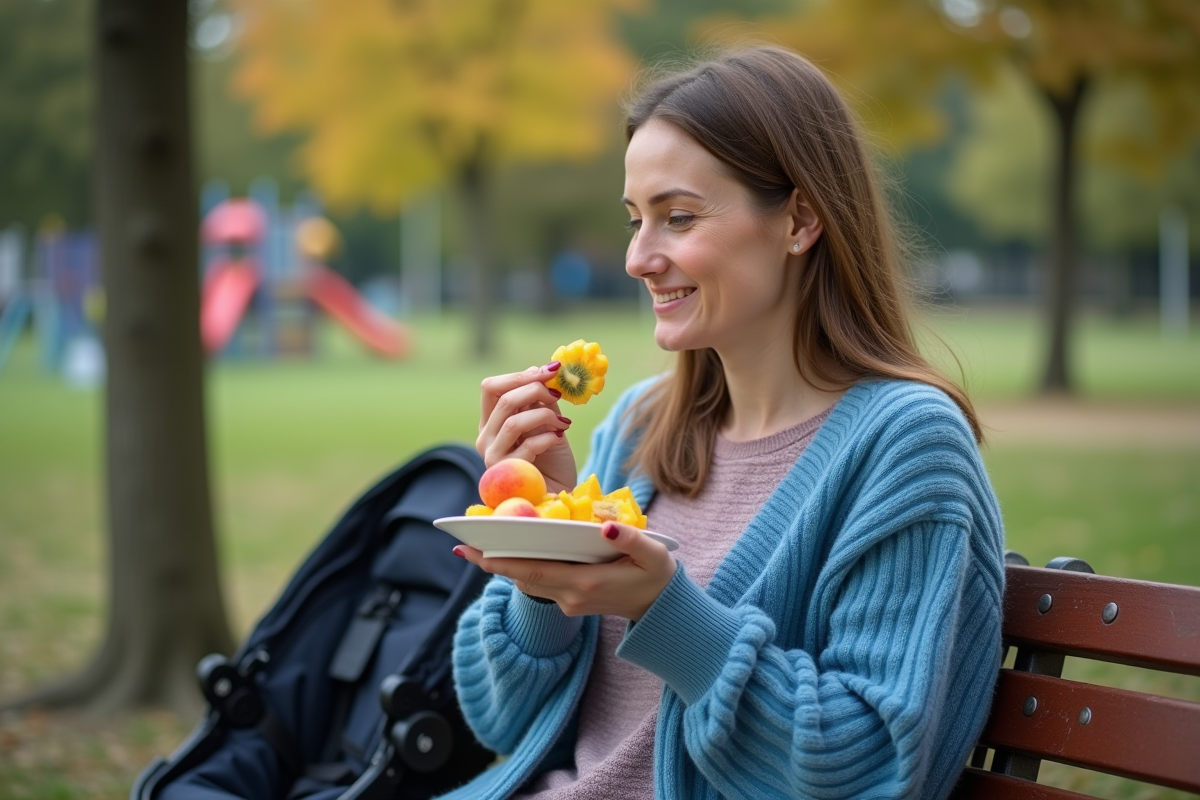 Femme dans un parc dégustant une salade de fruits