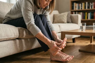 Femme massant ses pieds douloureux en fin de journée sur un canapé, soulagement des brûlures plantaires