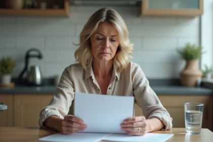 Femme d'âge moyen réfléchissant à des papiers médicaux dans la cuisine