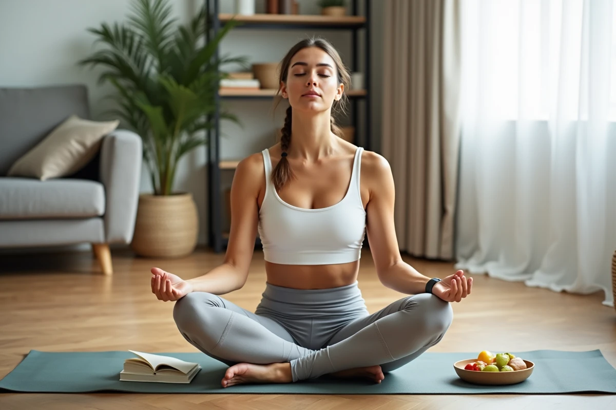 Femme pratiquant la pleine conscience sur un tapis de yoga à la maison pour gérer le stress et les envies de grignotage